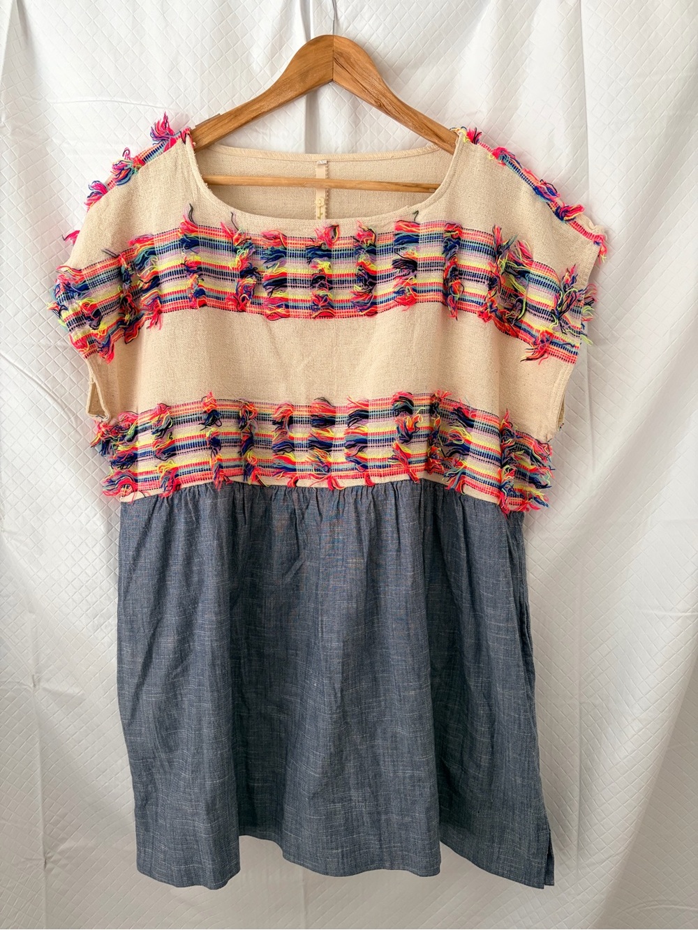 Uncle Frank Cream Tunic with Bright Multicolor Fringe Stripes